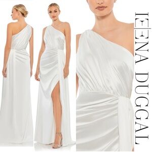 Ieena x Mac Duggal - White Gathered One Shoulder Satin Faux Wrap Gown